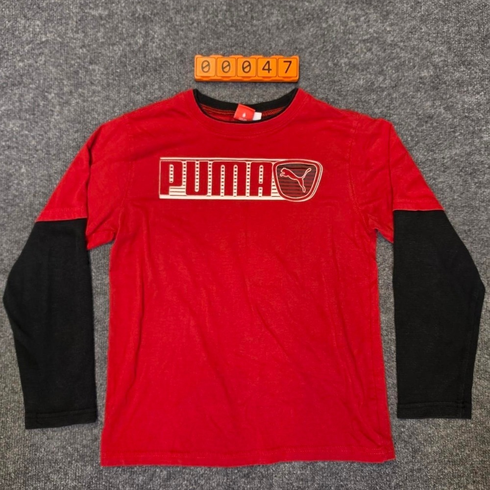 Puma red long sleeve shirt with black sleeves and white Puma logo, boys medium